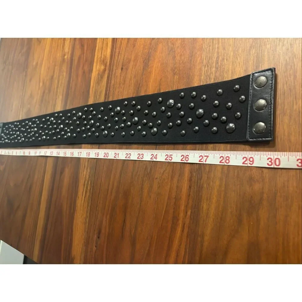 Lot of 2 Womens Black Brown Leather Woven Studded Wide Elastic Belt Small/Medium